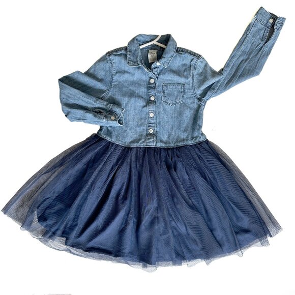 Osh Kosh B’gosh Toddler Girls Long Sleeve Button Up Tulle Tutu Dress Blue Sz 4T - Picture 1 of 5